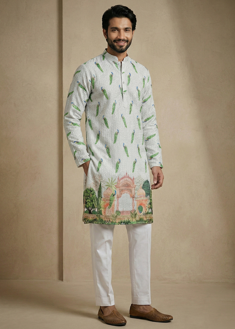 Grey &amp; Green cotton Printed Kurta Pajama Ensemble