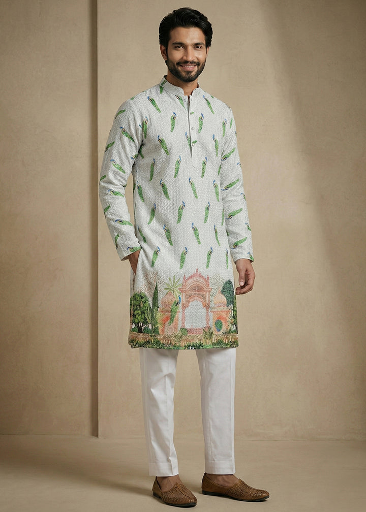 Grey &amp; Green cotton Printed Kurta Pajama Ensemble