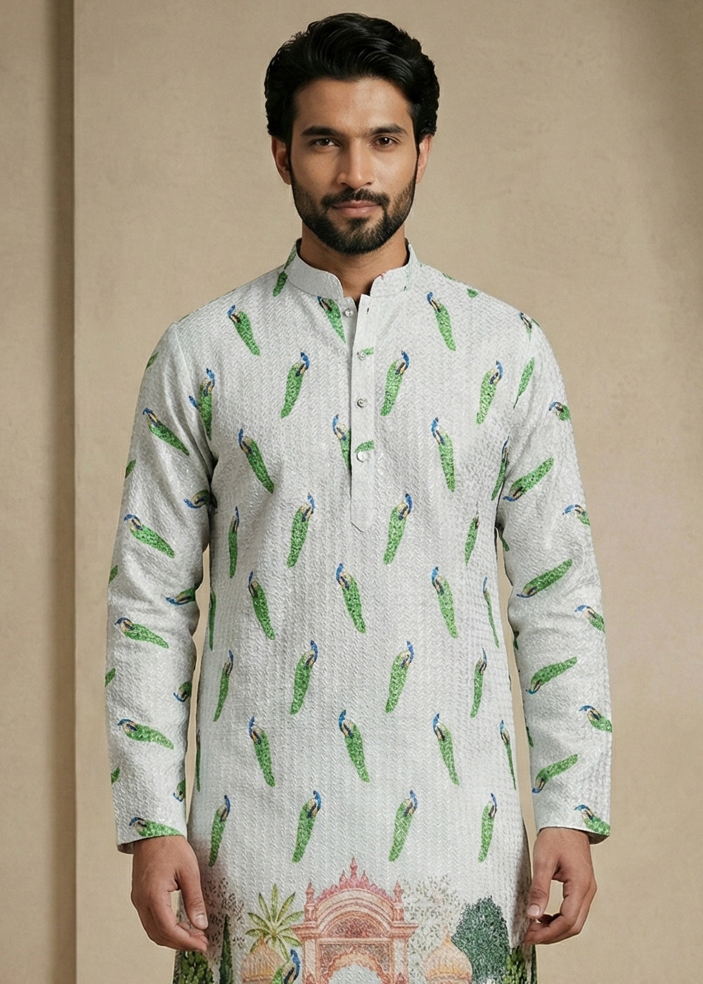 Grey &amp; Green cotton Printed Kurta Pajama Ensemble