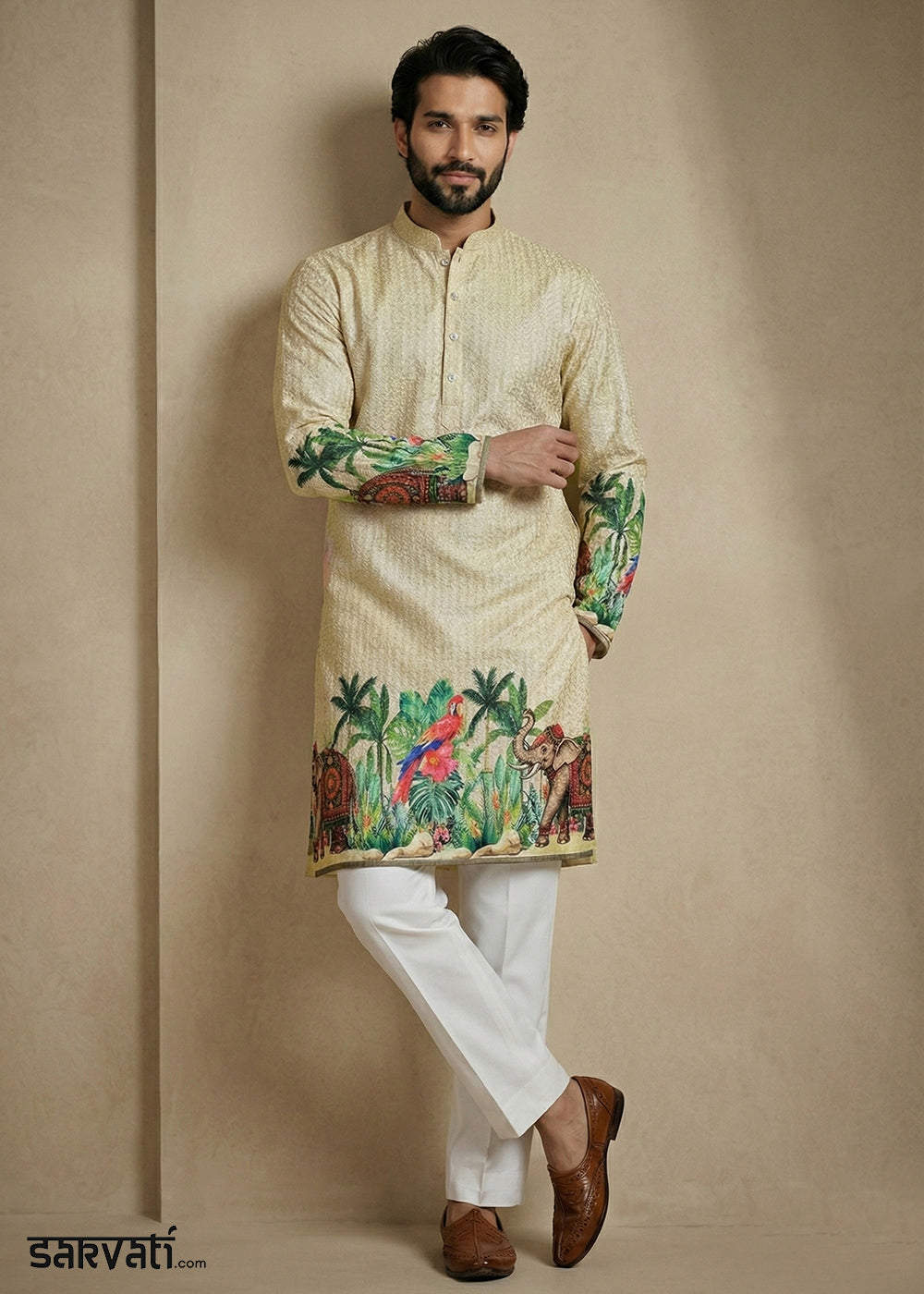Light Green Cotton Printed Kurta Pajama Ensemble