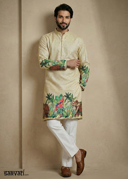 Light Green Cotton Printed Kurta Pajama Ensemble