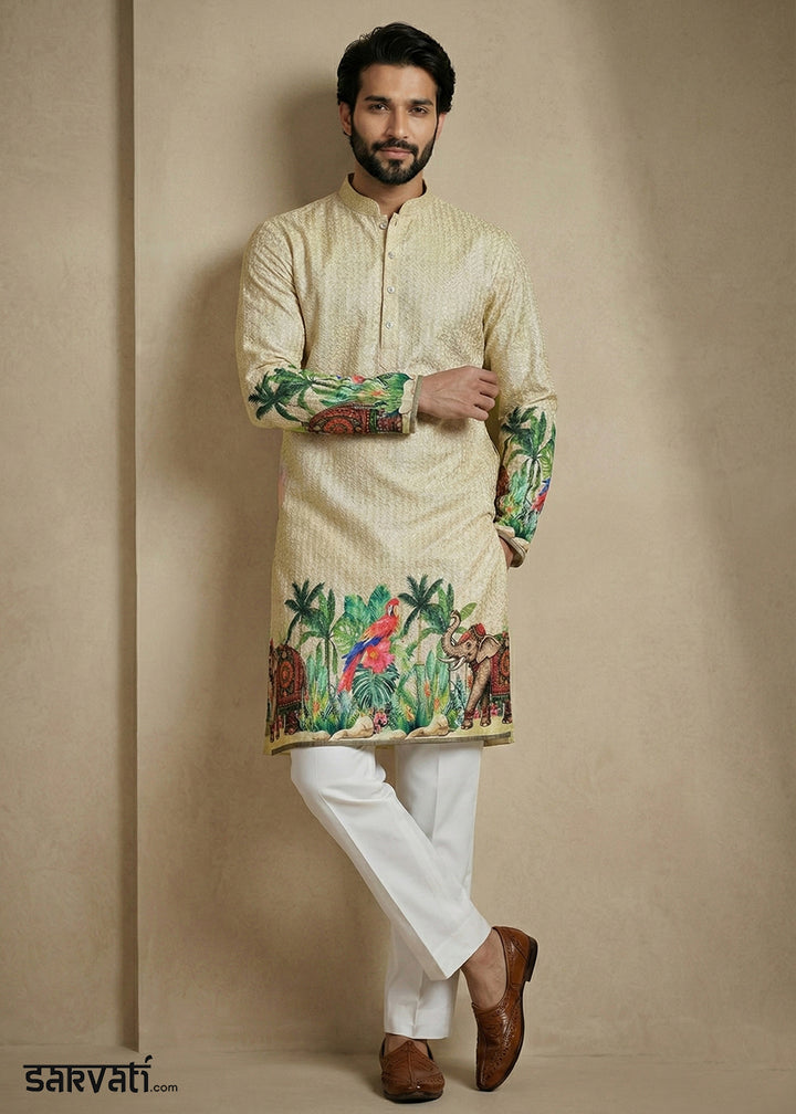 Light Green Cotton Printed Kurta Pajama Ensemble