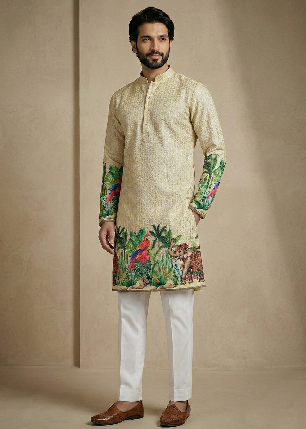 Light Green Cotton Printed Kurta Pajama Ensemble