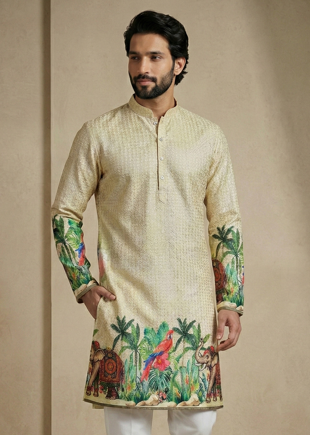 Light Green Cotton Printed Kurta Pajama Ensemble