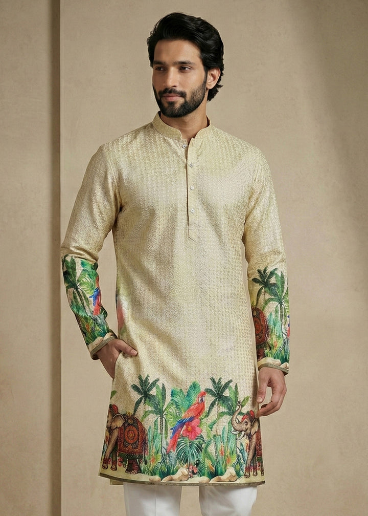 Light Green Cotton Printed Kurta Pajama Ensemble