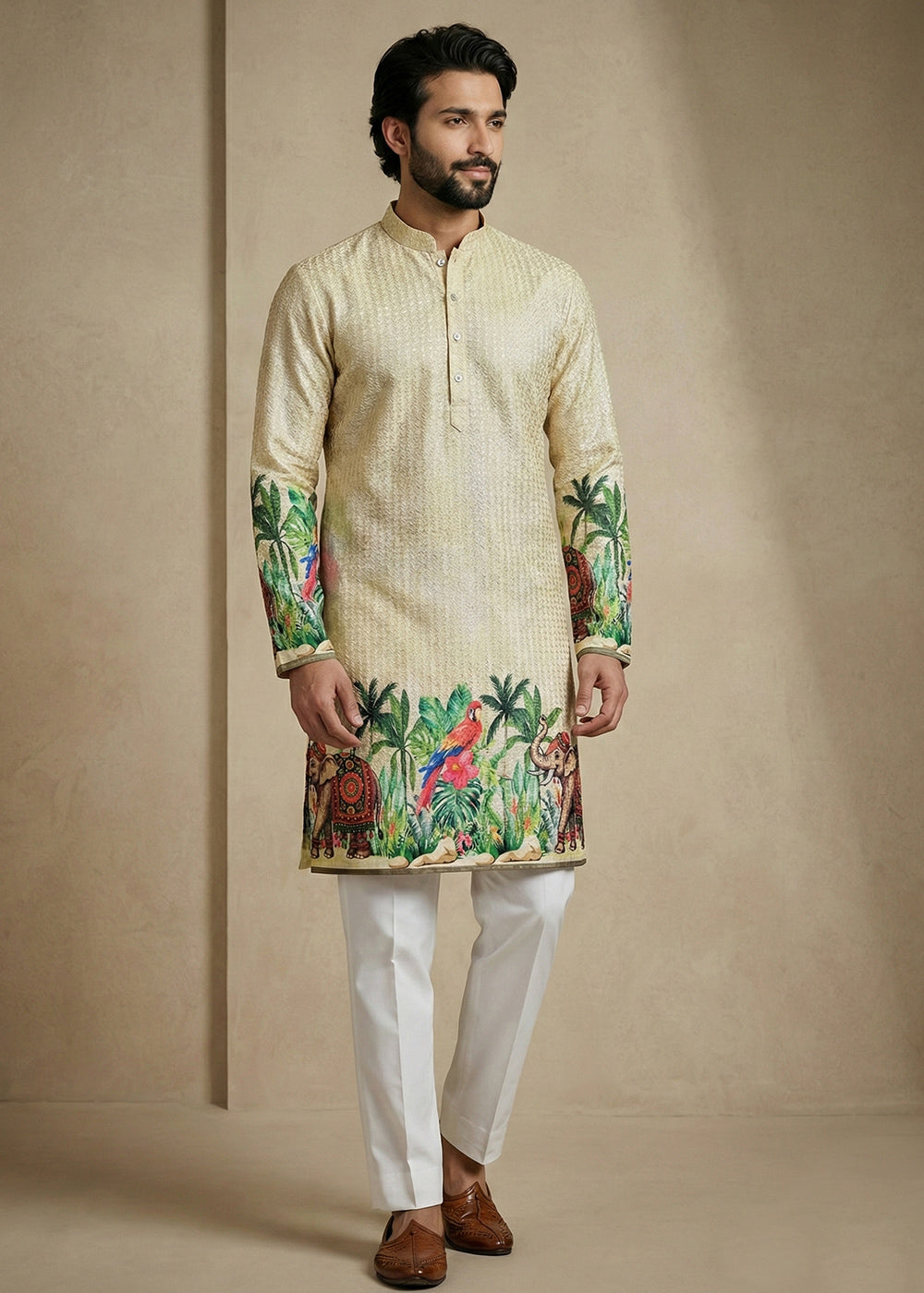 Light Green Cotton Printed Kurta Pajama Ensemble