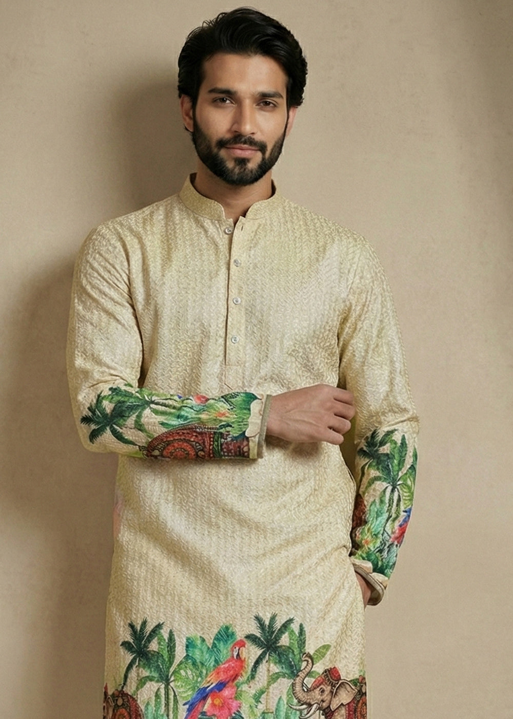Light Green Cotton Printed Kurta Pajama Ensemble