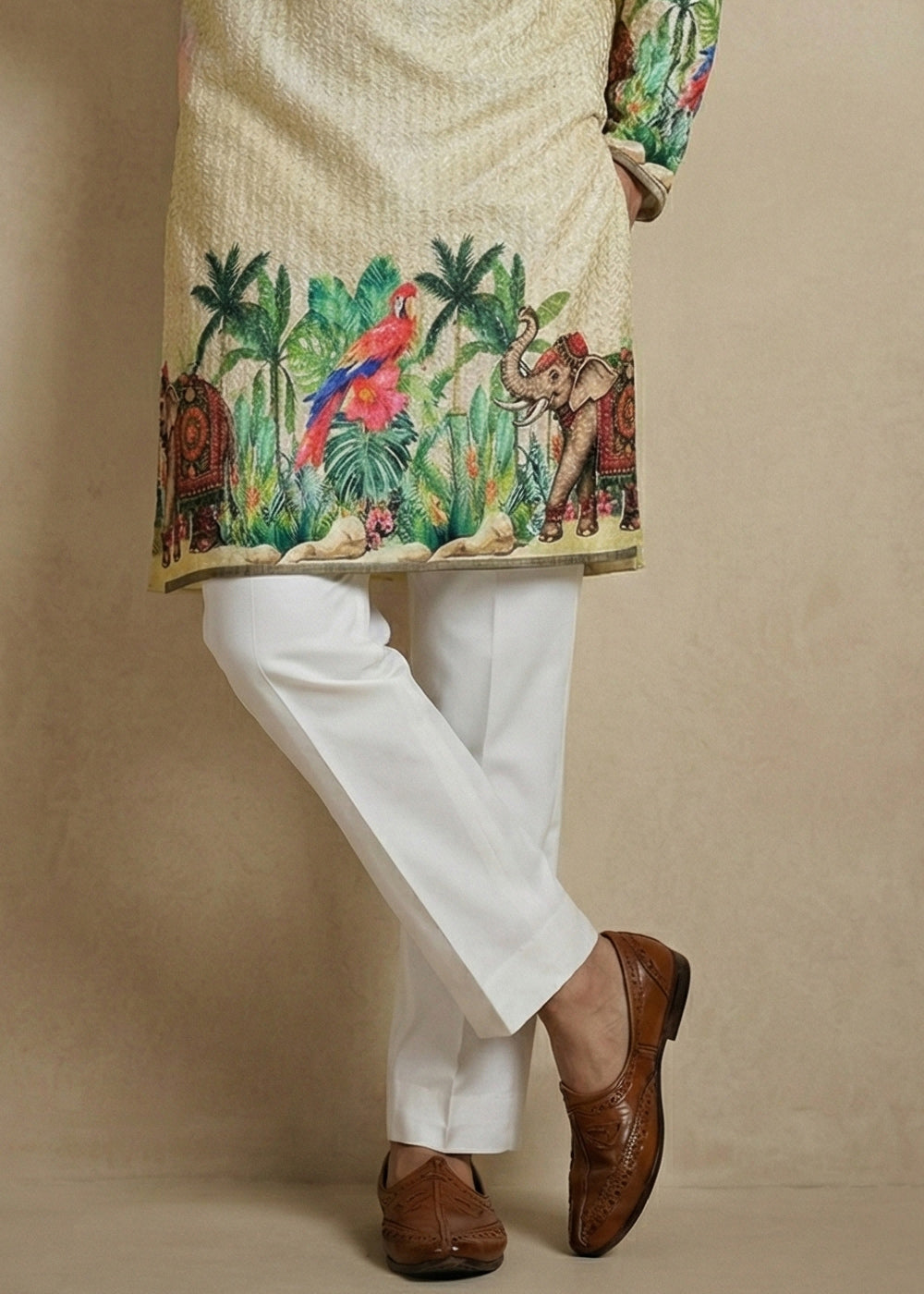 Light Green Cotton Printed Kurta Pajama Ensemble