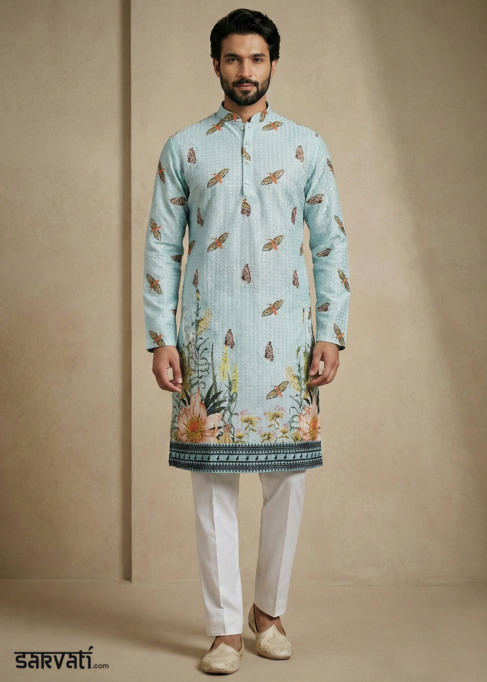 Powder Blue Butterfly &amp; Floral Printed Kurta Pajama Set