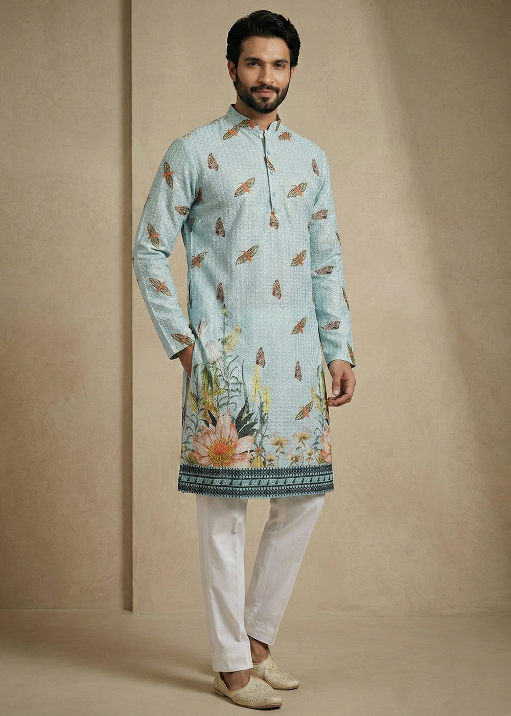 Powder Blue Butterfly &amp; Floral Printed Kurta Pajama Set