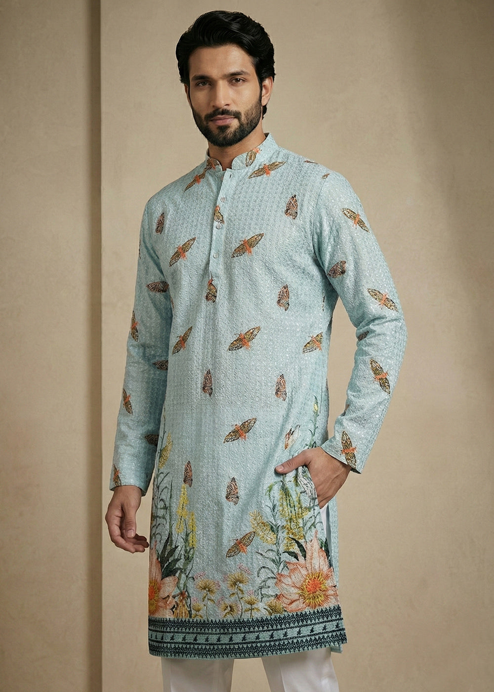 Powder Blue Butterfly & Floral Printed Kurta Pajama Set