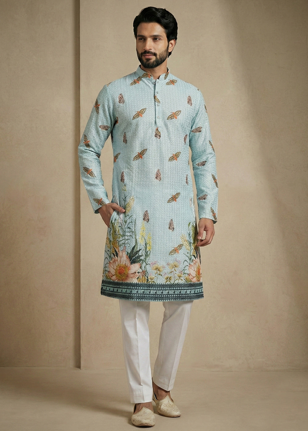 Powder Blue Butterfly &amp; Floral Printed Kurta Pajama Set