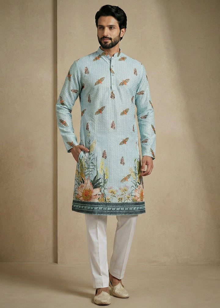 Powder Blue Butterfly &amp; Floral Printed Kurta Pajama Set