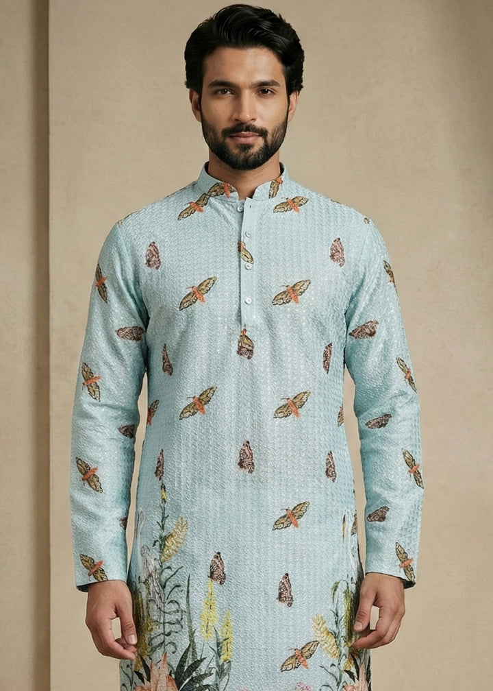 Powder Blue Butterfly &amp; Floral Printed Kurta Pajama Set