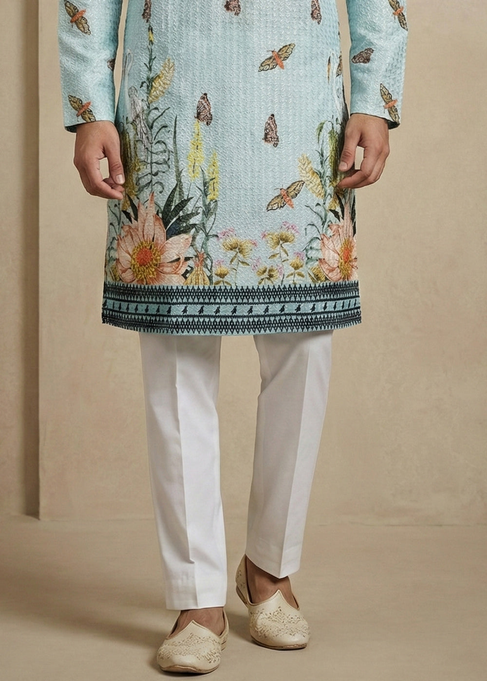 Powder Blue Butterfly &amp; Floral Printed Kurta Pajama Set
