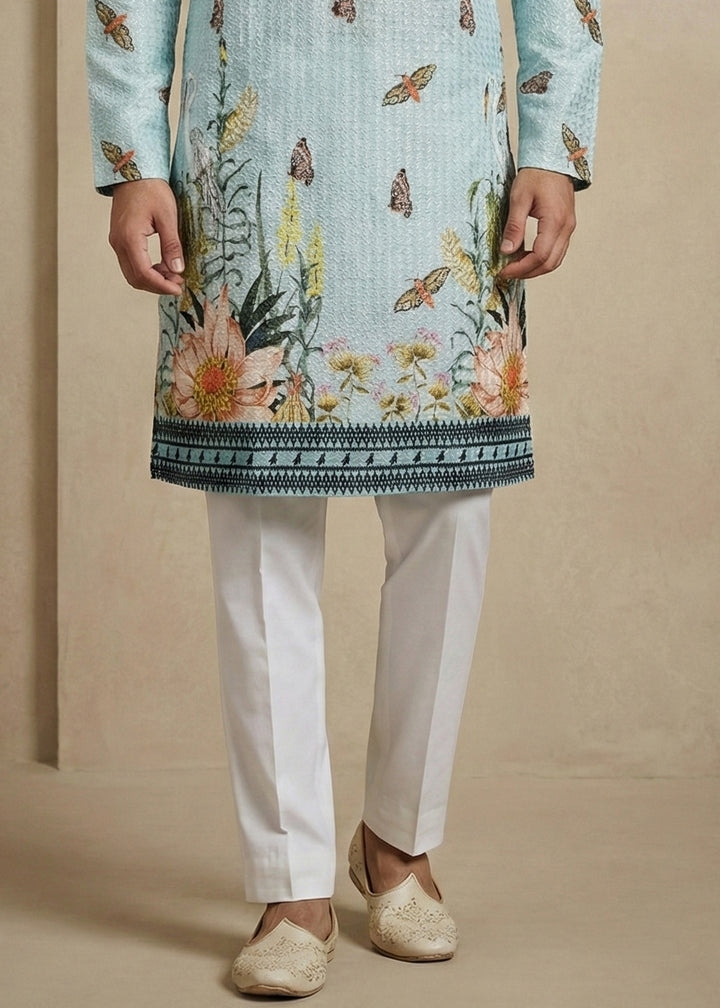 Powder Blue Butterfly &amp; Floral Printed Kurta Pajama Set