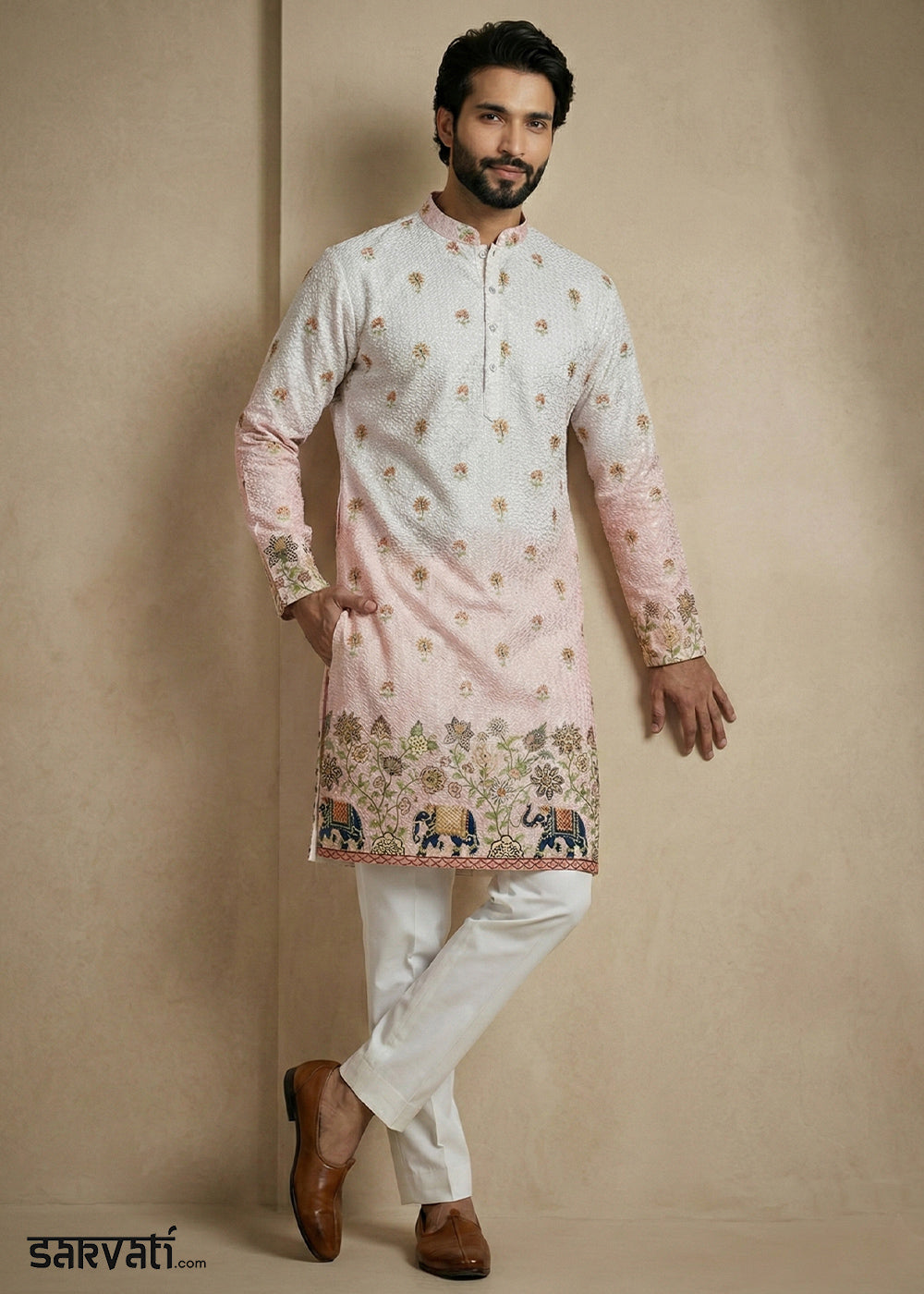 Blue &amp; Pink Floral &amp; Elephant Printed Kurta Pajama Set
