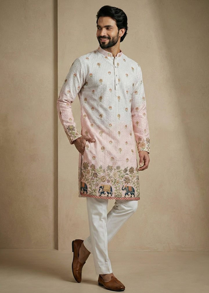 Blue &amp; Pink Floral &amp; Elephant Printed Kurta Pajama Set