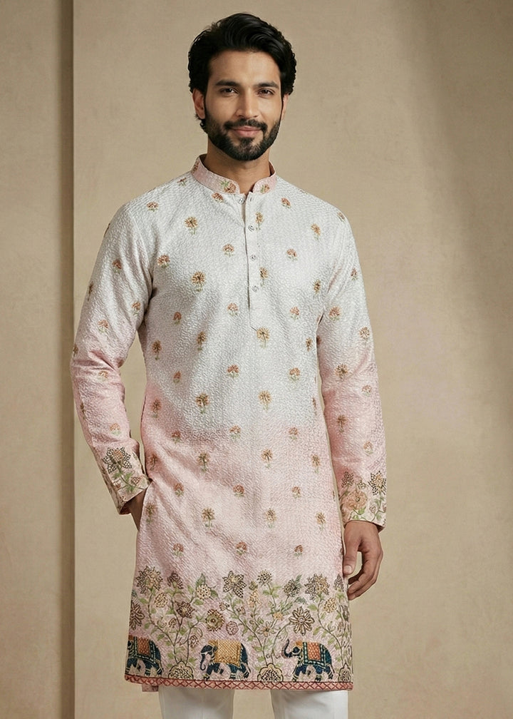 Blue &amp; Pink Floral &amp; Elephant Printed Kurta Pajama Set