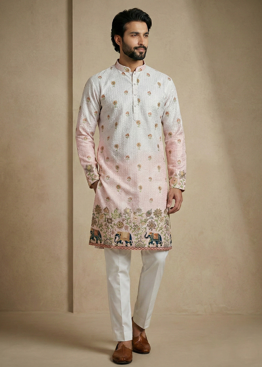 Blue &amp; Pink Floral &amp; Elephant Printed Kurta Pajama Set