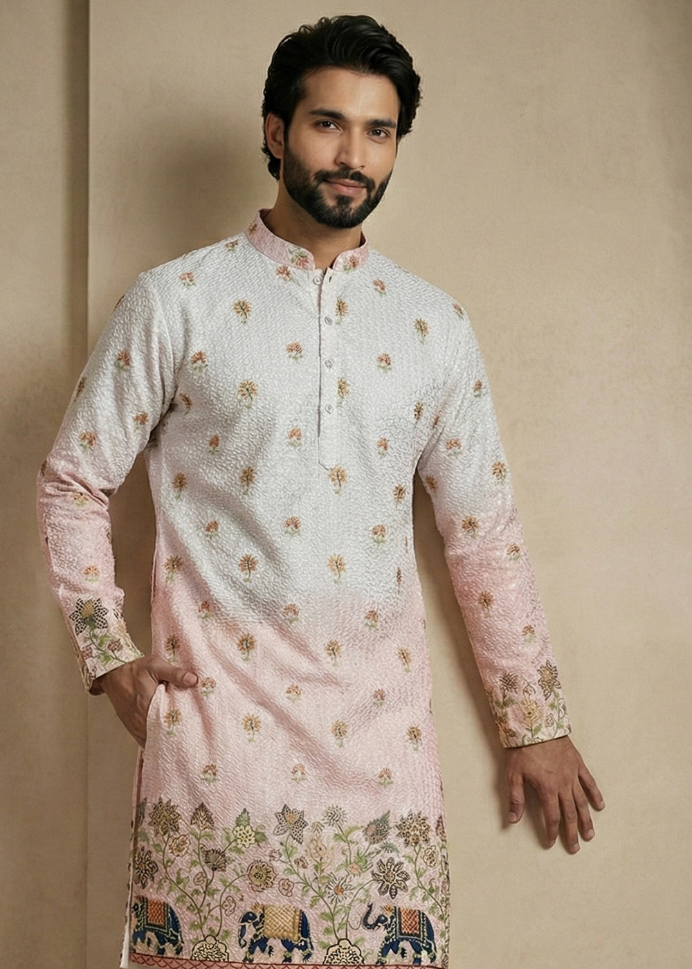 Blue &amp; Pink Floral &amp; Elephant Printed Kurta Pajama Set