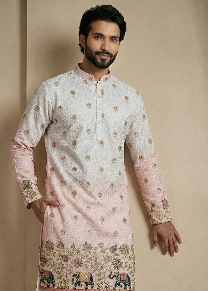 Blue &amp; Pink Floral &amp; Elephant Printed Kurta Pajama Set
