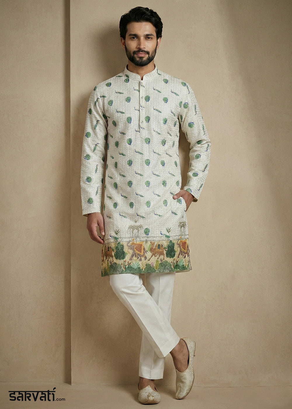 Light Green Contemporary Kurta Pajama Set with Artistic Prints