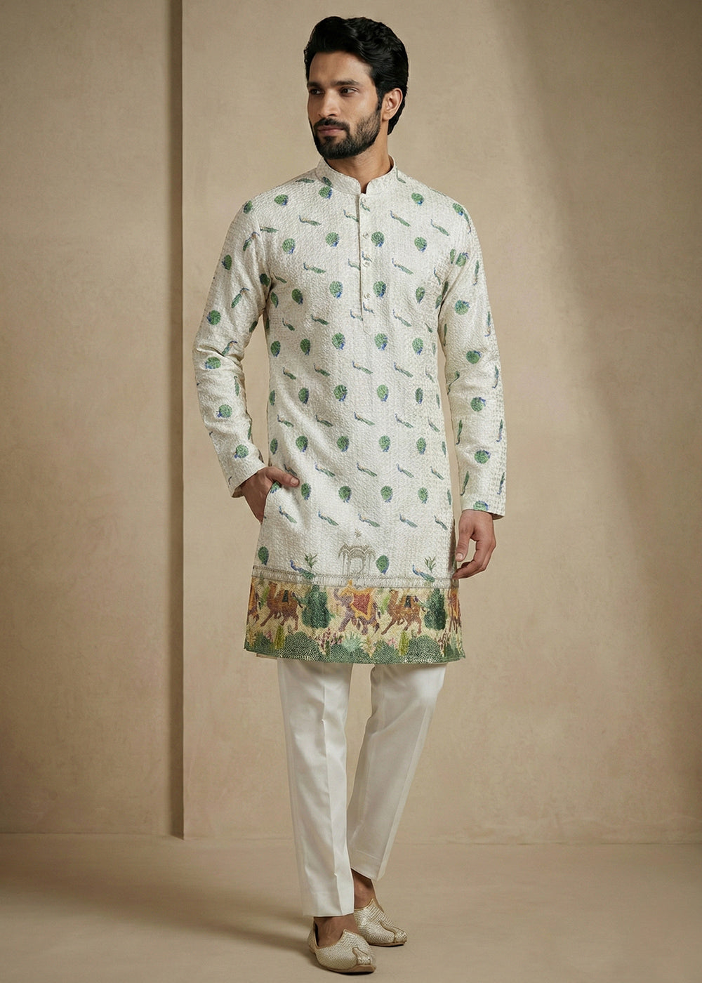 Light Green Contemporary Kurta Pajama Set with Artistic Prints
