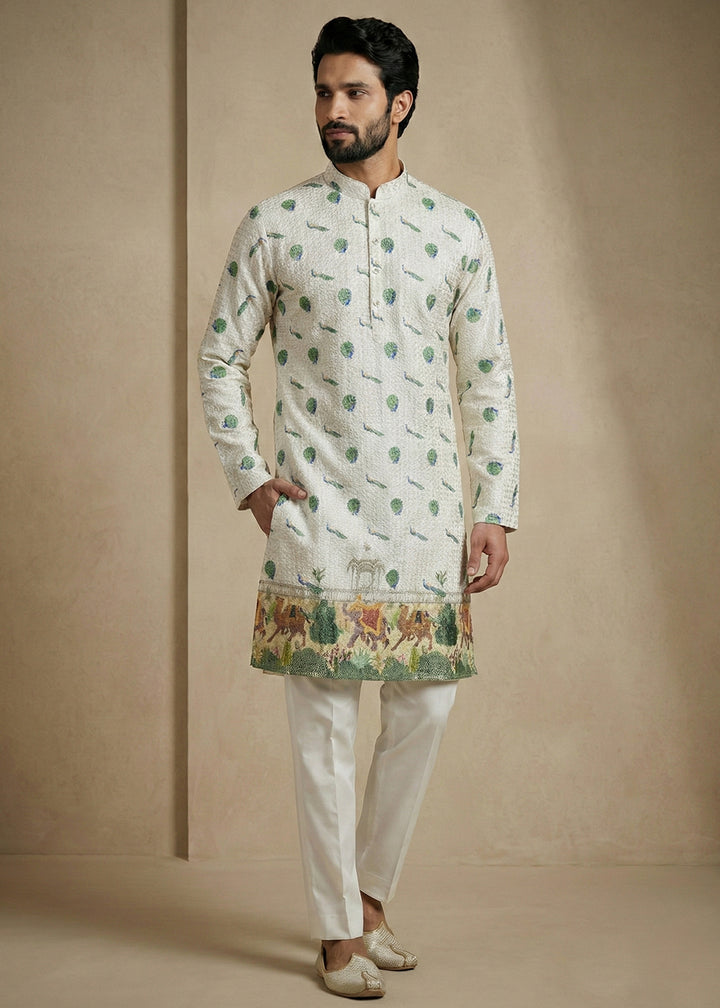 Light Green Contemporary Kurta Pajama Set with Artistic Prints