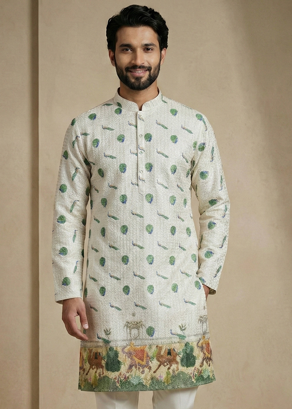 Light Green Contemporary Kurta Pajama Set with Artistic Prints