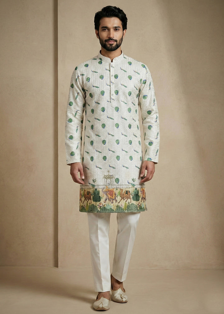 Light Green Contemporary Kurta Pajama Set with Artistic Prints