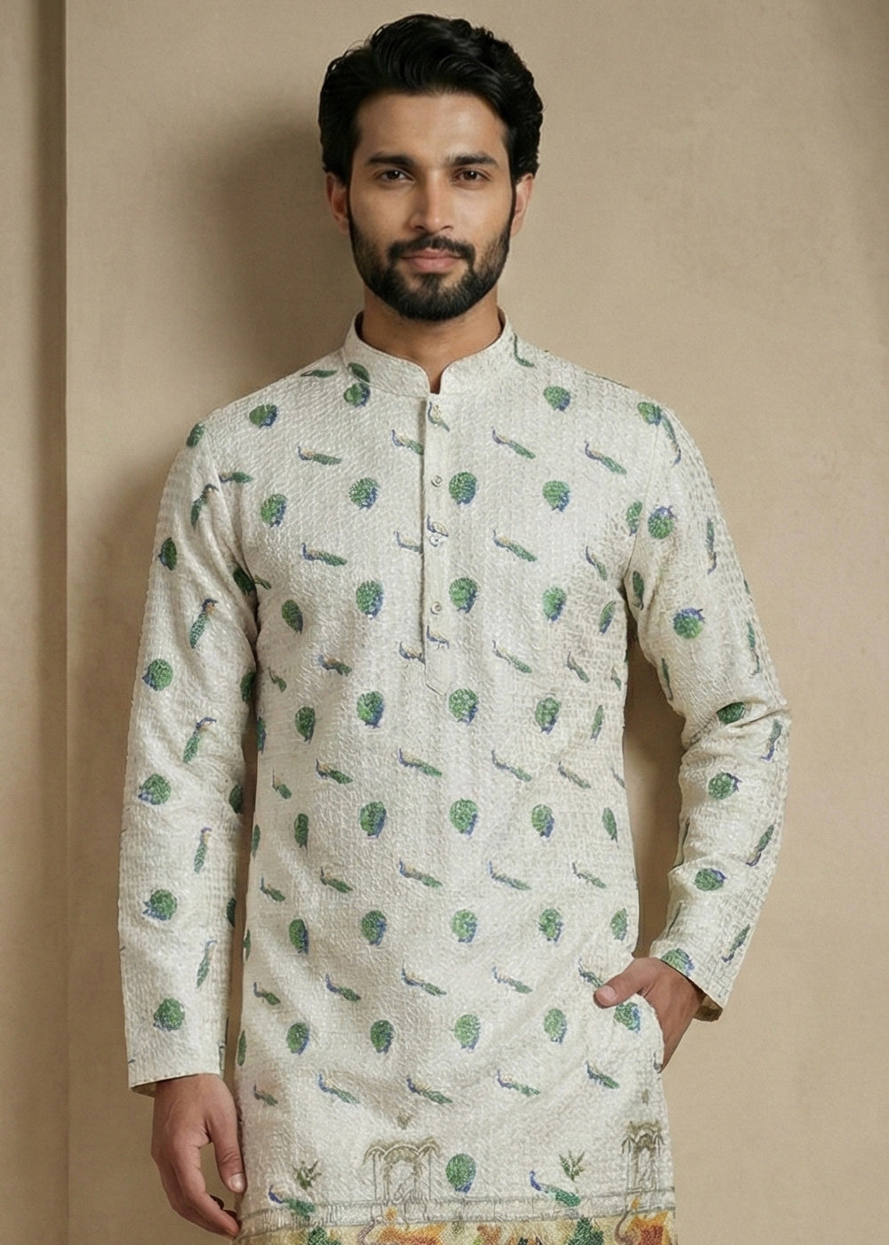 Light Green Contemporary Kurta Pajama Set with Artistic Prints
