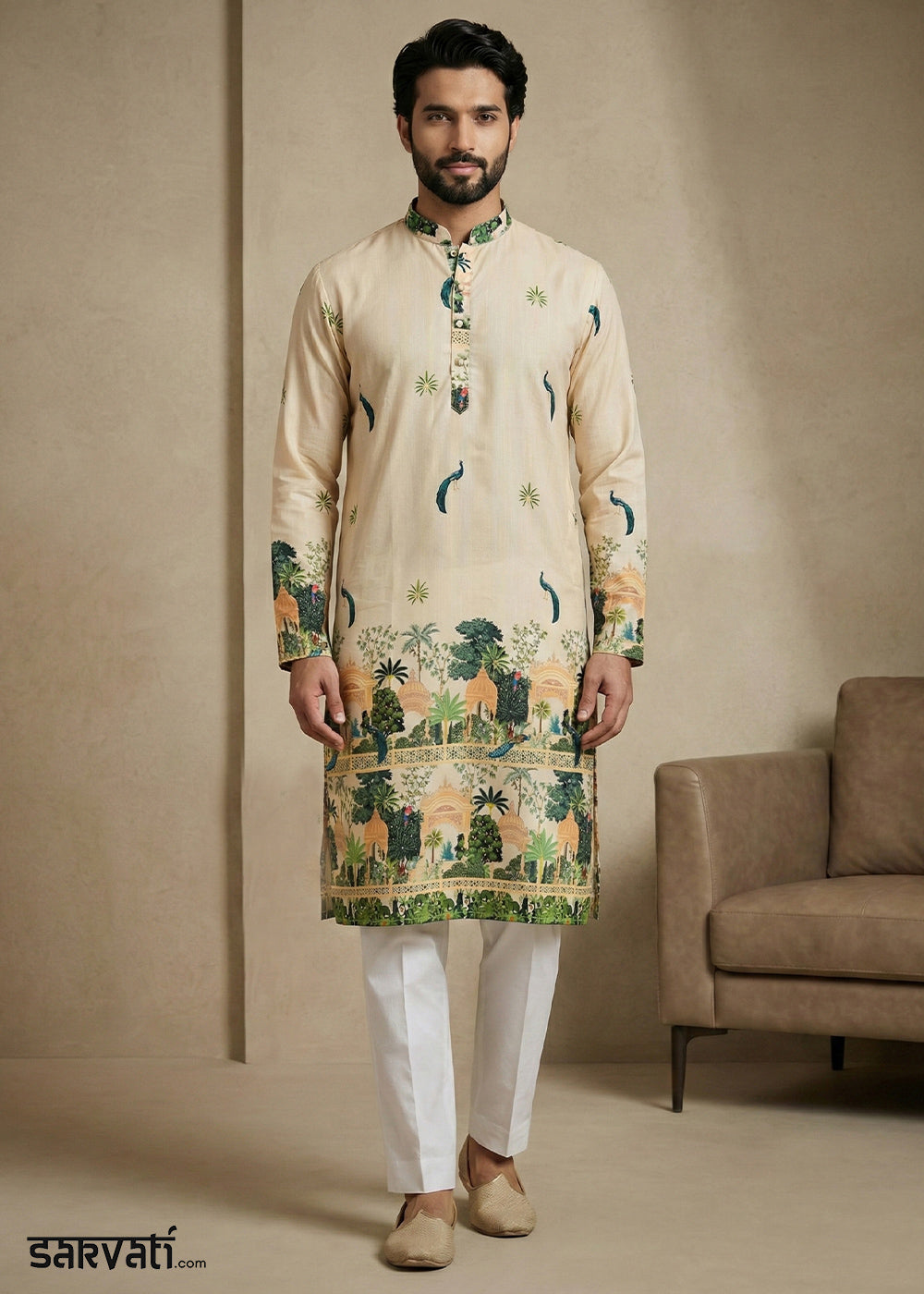 Beige Brown Contemporary Kurta Pajama Set with Artistic Prints