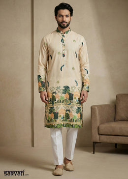 Beige Brown Contemporary Kurta Pajama Set with Artistic Prints