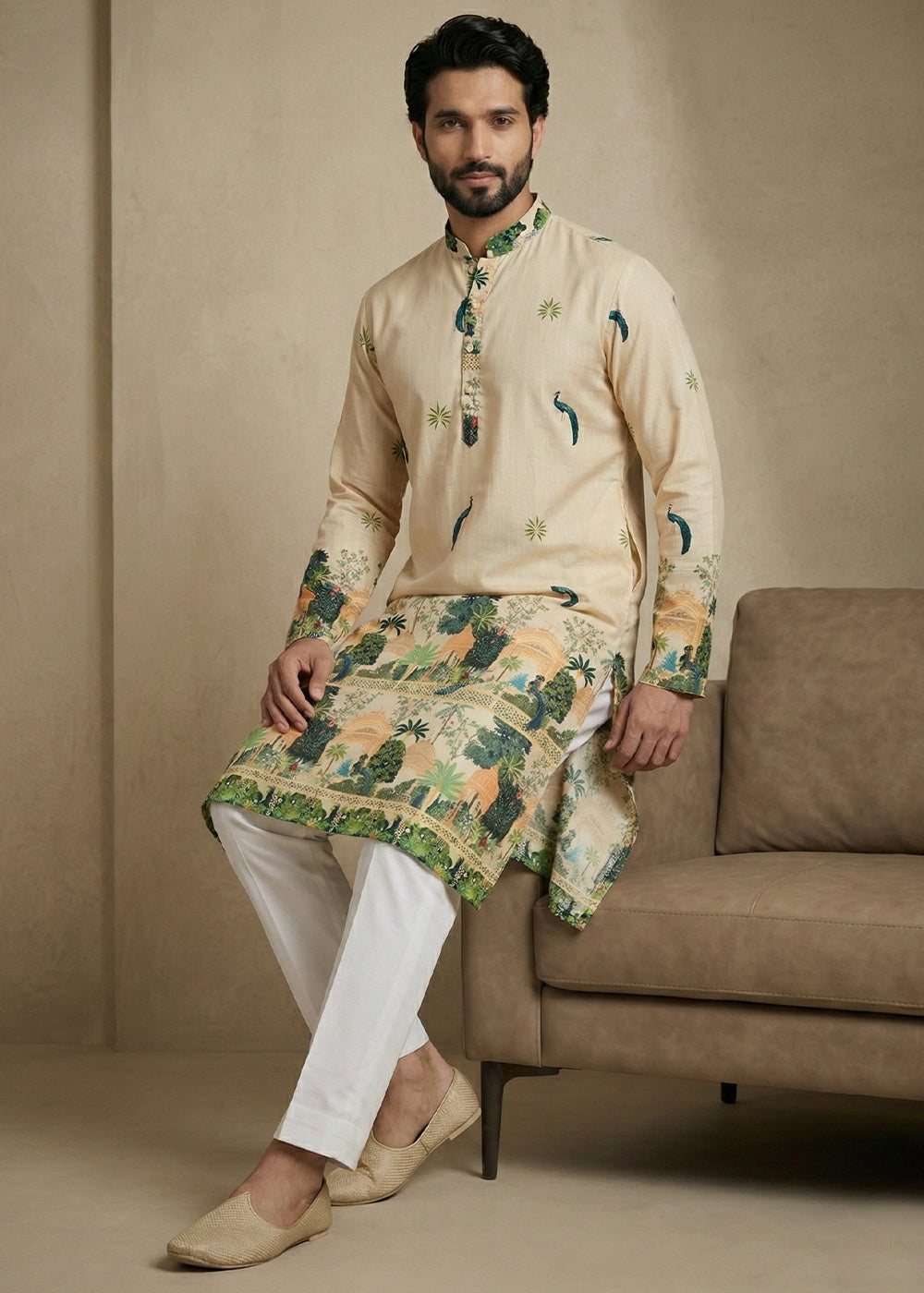 Beige Brown Contemporary Kurta Pajama Set with Artistic Prints