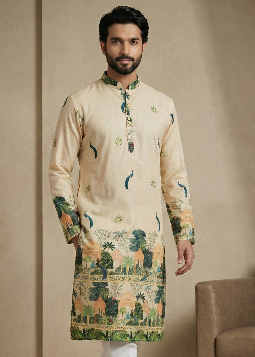 Beige Brown Contemporary Kurta Pajama Set with Artistic Prints
