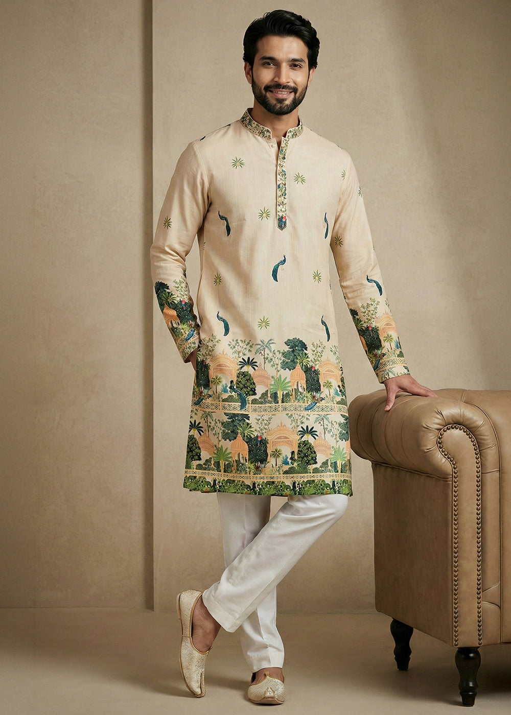 Beige Brown Contemporary Kurta Pajama Set with Artistic Prints