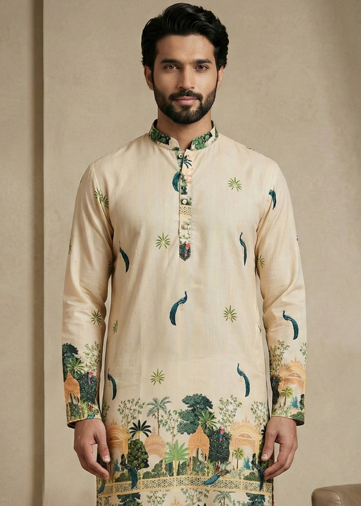Beige Brown Contemporary Kurta Pajama Set with Artistic Prints