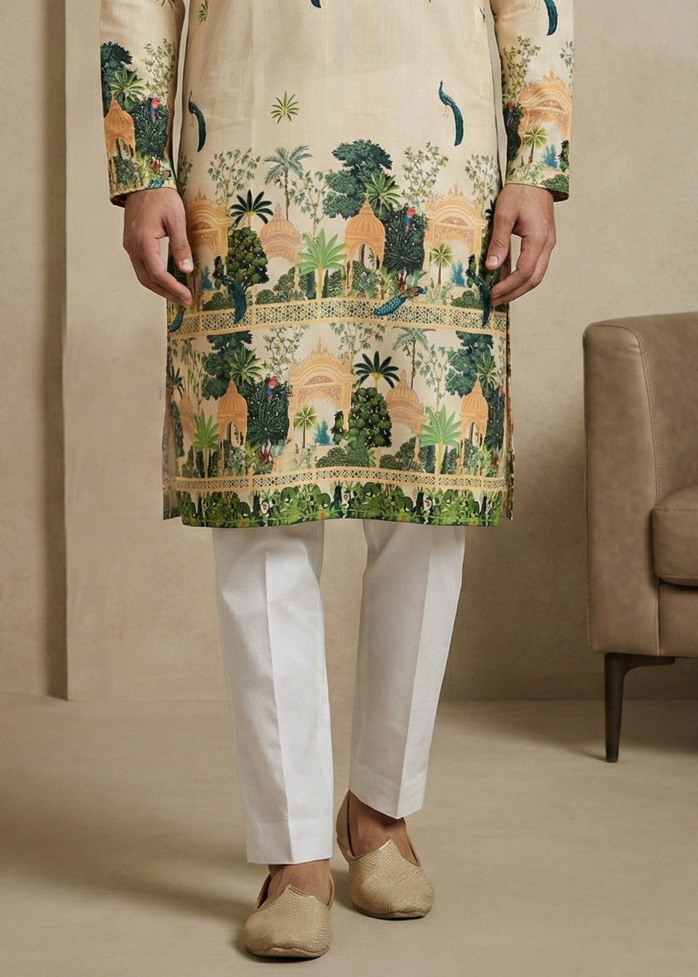Beige Brown Contemporary Kurta Pajama Set with Artistic Prints