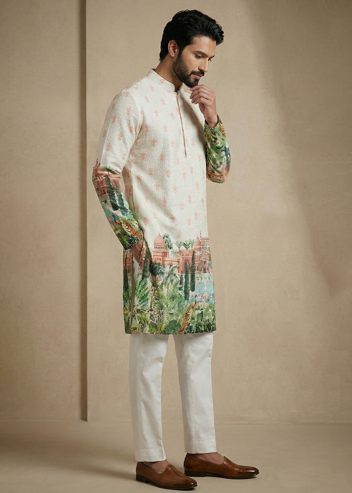 Cream White Contemporary Kurta Pajama Set with Artistic Prints