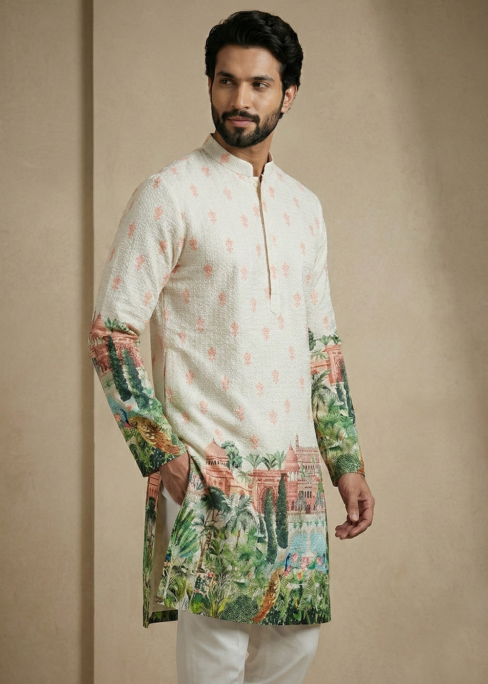 Cream White Contemporary Kurta Pajama Set with Artistic Prints