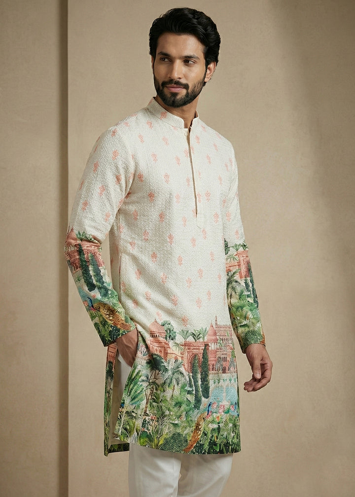 Cream White Contemporary Kurta Pajama Set with Artistic Prints