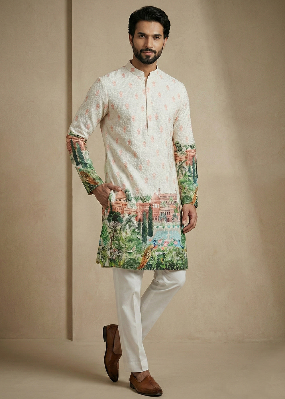 Cream White Contemporary Kurta Pajama Set with Artistic Prints