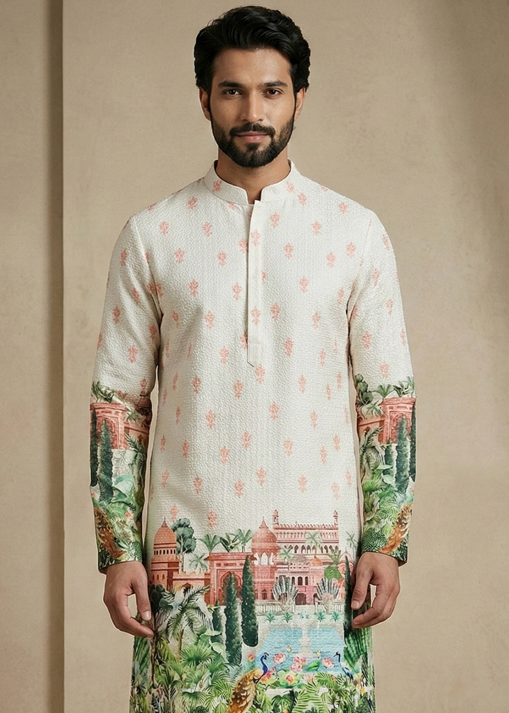 Cream White Contemporary Kurta Pajama Set with Artistic Prints