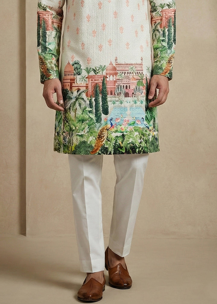 Cream White Contemporary Kurta Pajama Set with Artistic Prints