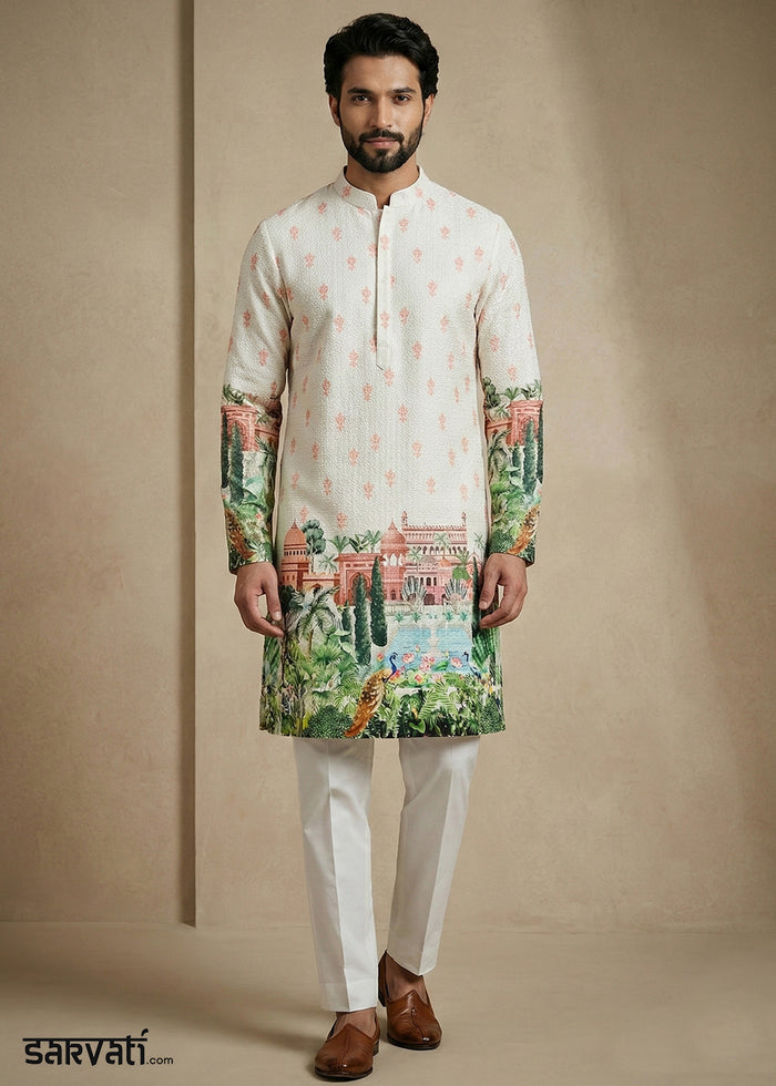 Cream White Contemporary Kurta Pajama Set with Artistic Prints