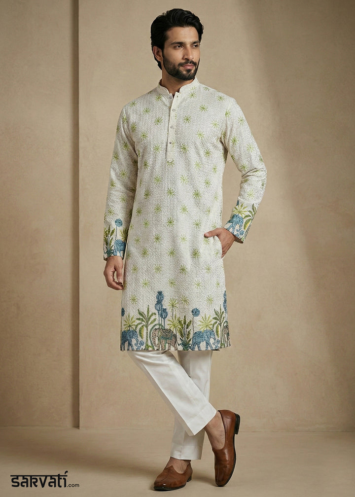 Tea Green Elephant Garden Printed Kurta Pajama Set