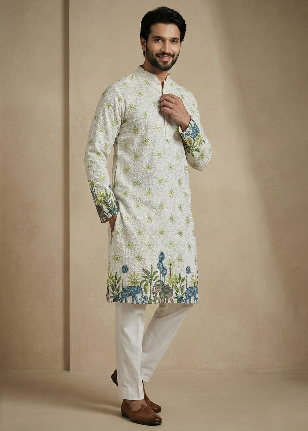 Tea Green Elephant Garden Printed Kurta Pajama Set