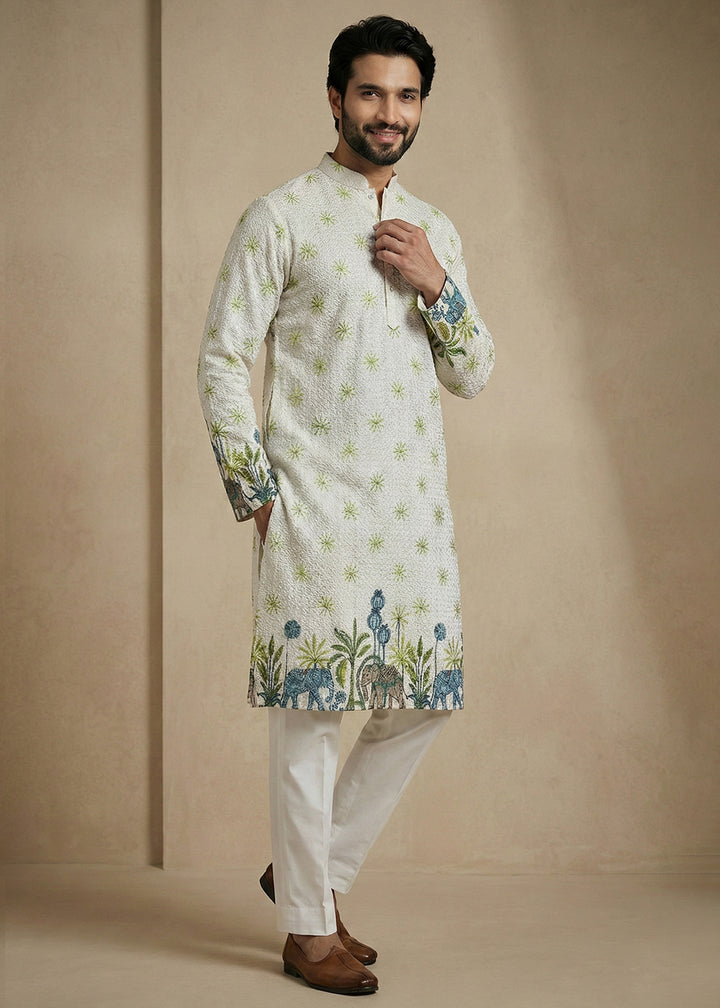 Tea Green Elephant Garden Printed Kurta Pajama Set