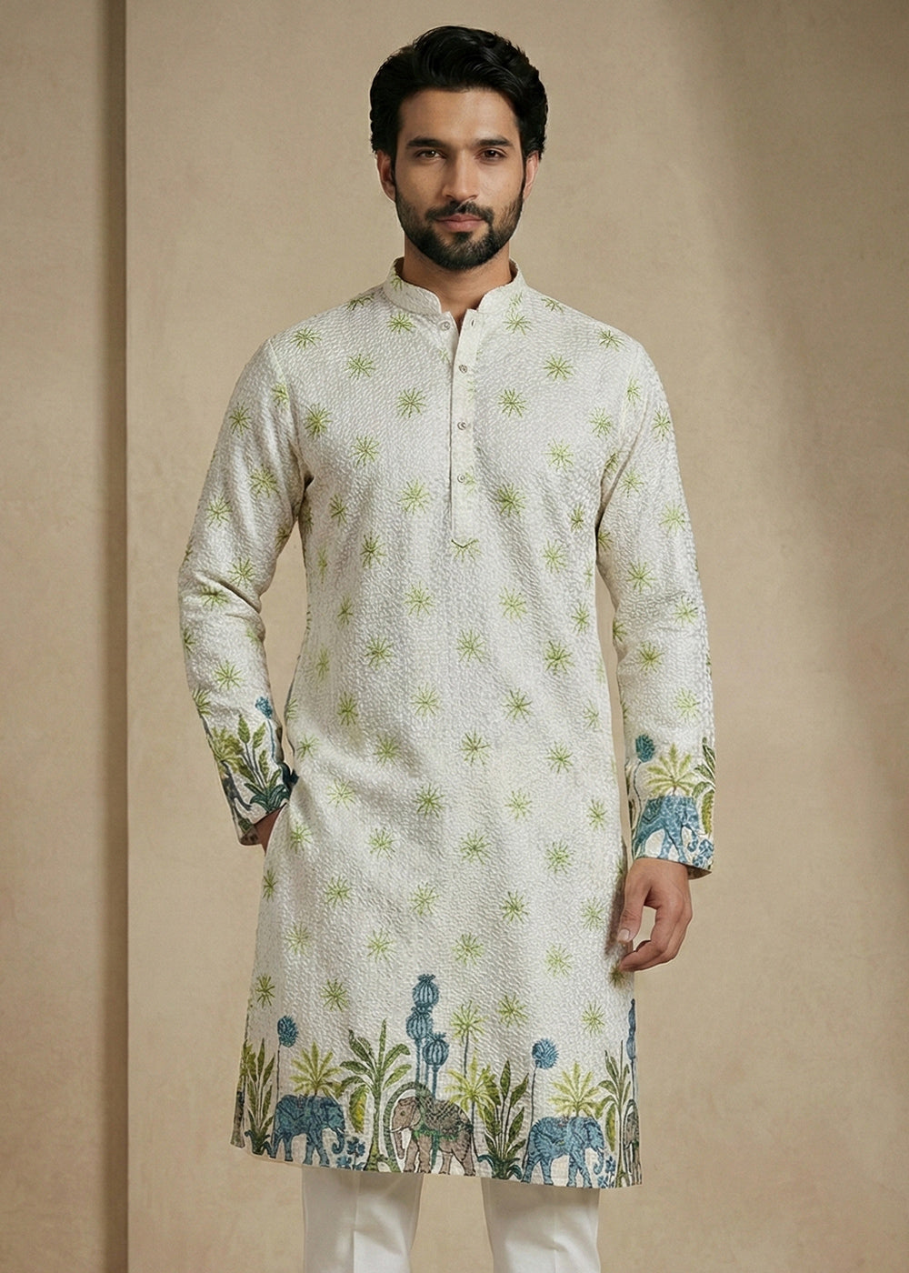 Tea Green Elephant Garden Printed Kurta Pajama Set